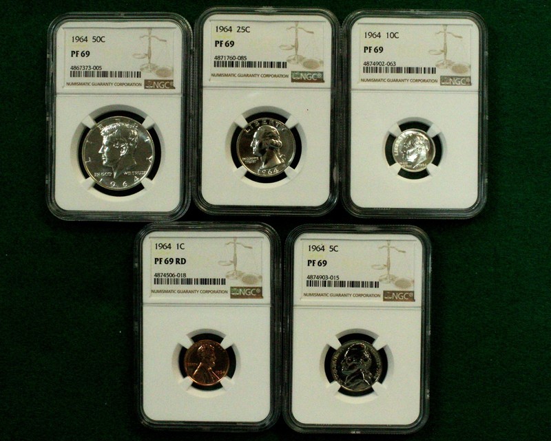 1964 U.S. 5 piece silver proof set 1c-50c all graded NGC PF 69 lot #3