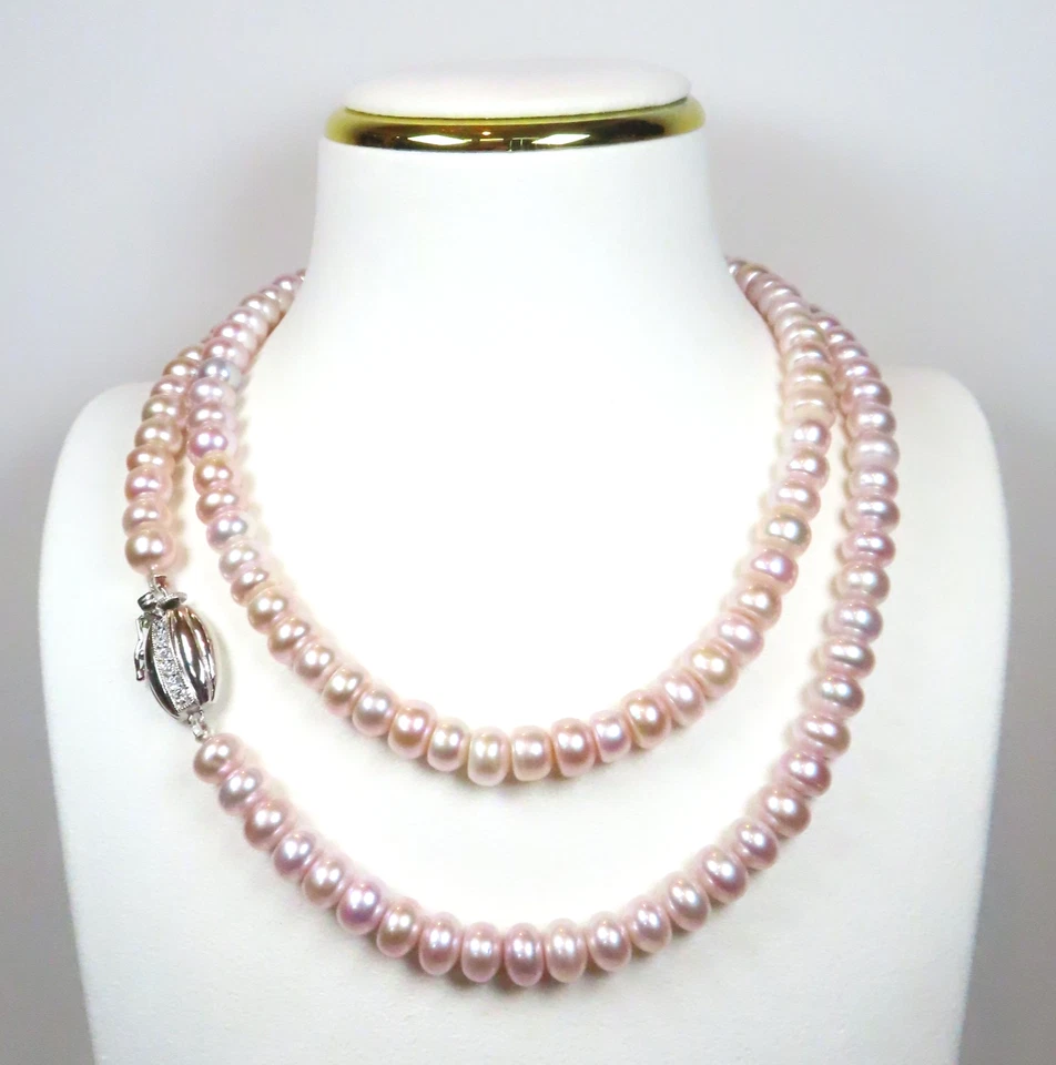 Collar de perlas cultivadas semi redondas rosa plata de ley cierre de caja Foto 2 de 4