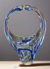 Murano 7.5" Hand Blown Art Glass Basket Blue Clear Split Handle Basket Vase