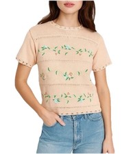 Vintage 80s Ship N Shore Peach-Pink Floral Embroidered Crewneck SS Sweater Sz S