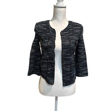 St. John Black Label Black Blue Tweed Open 3/4 Sleeve Blazer Jacket Women's 2