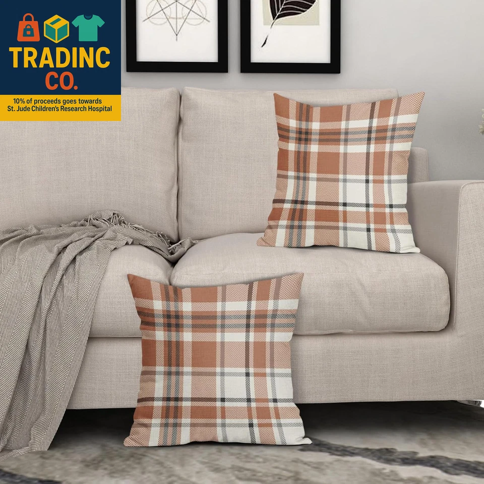 Fall Plaid Pillow Covers 18X18 Set of 2 Burnt Orange Gray Cream Rustic Autumn Co - Image 3 of 4