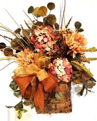 Fall front door basket, orange hydrangea front door decor, butterscotch mums