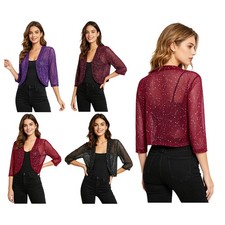 Women Bolero Shrug Night Out Cardigan Crop Jacket Banquet Sheer Mesh Sparkle