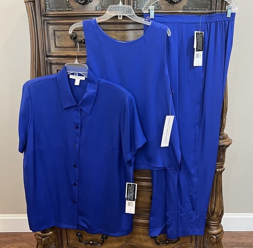 NWT $266 Josephine Chaus 3 Pc Pant Set 100% Silk Outfit Shirt Sapphire Blue Vtg