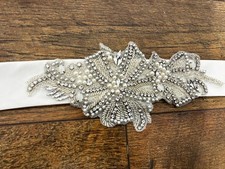 Ivory Satin Bridal Sash Belt Silver Beaded Applique for Wedding Dress