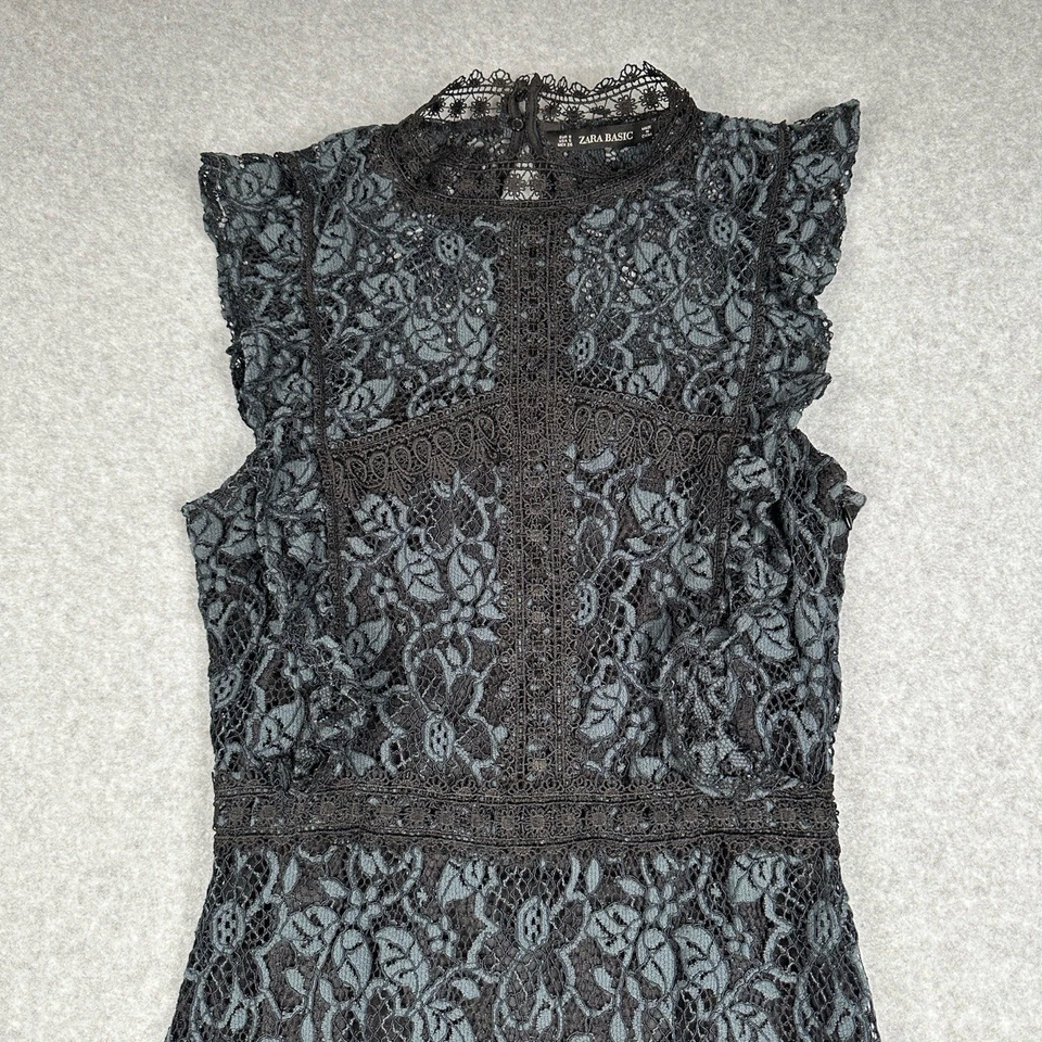 Zara Dress Womens S Black/Green Floral Lace Midi High Neck Ruffle Sleeve - Image 3 of 4