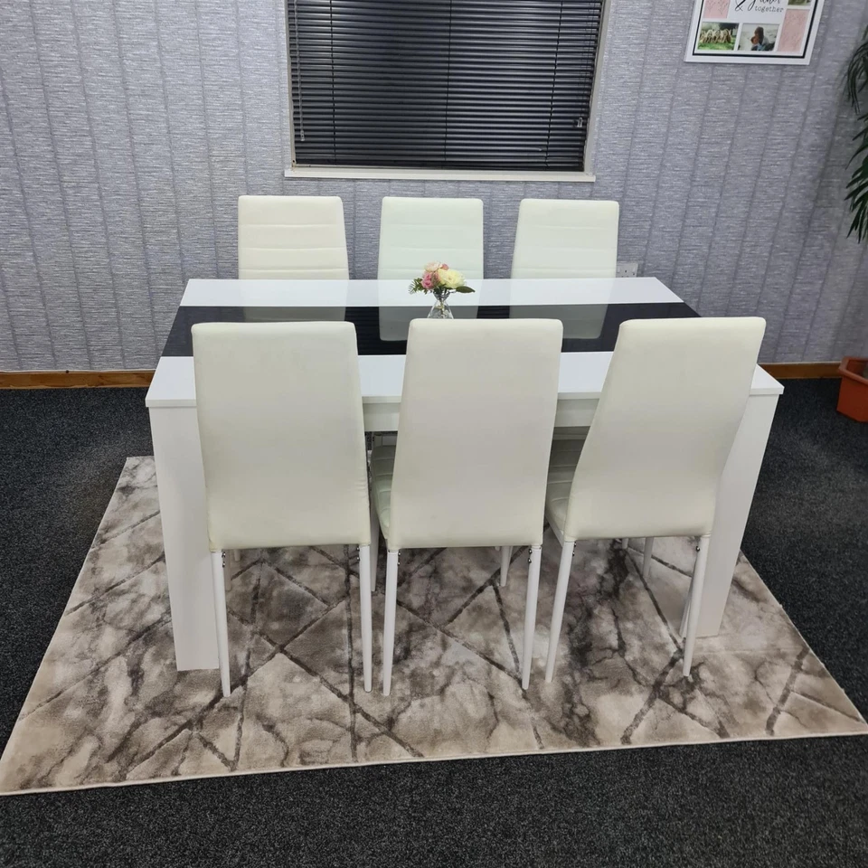 Dining White Black Wood Table with 6 Leather Chairs Dining Room Set - Image 4 of 4