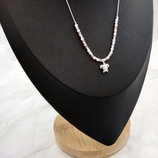 Sea Turtle Charm Necklace Pink Peach White Beads Silver Color approx. 14 in. 