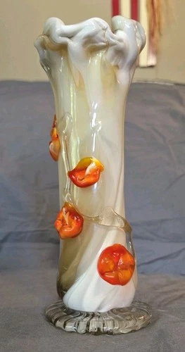 Vintage Cadmium Glass Murano Vase with Applied FlowersOpalescent (Small Chip)