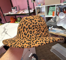 Women s Brown Black Felt Fedora Hat Animal Print Wide Brim One Size