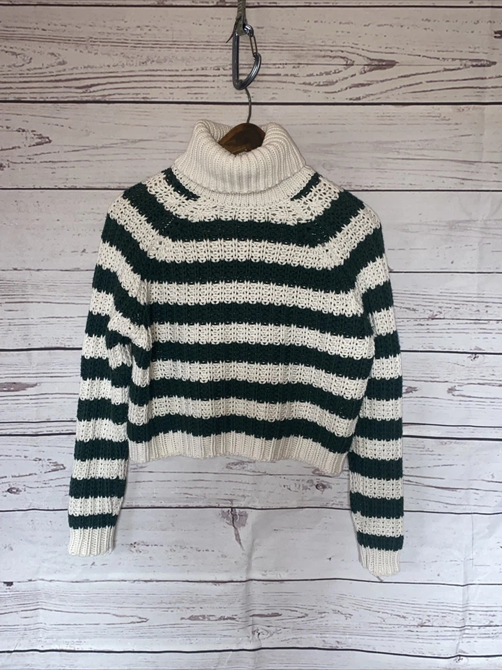 Chunky Open Knit Oversize Striped Cropped Turtleneck Sweater Women’s S Cozy - Image 3 of 4