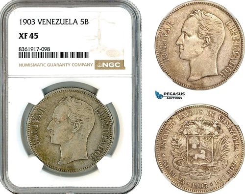 AK665, Venezuela, 5 Bolivares 1903, Philadelphia Mint, Silver, NGC XF45