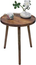 Brown Round Wood Side Table Space Saving Sofa End Table & Bedside Plant Stand