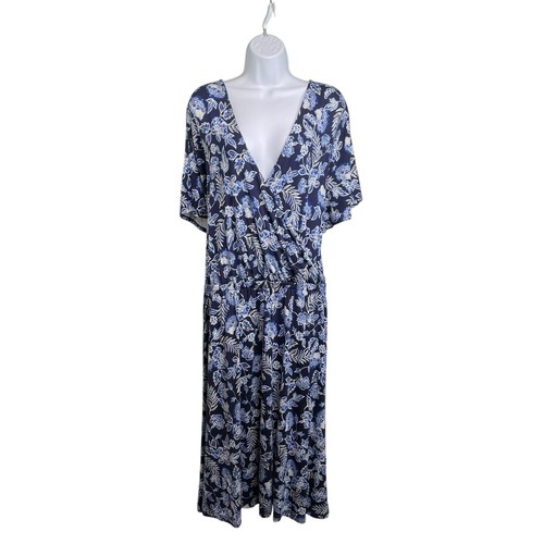 Lands End Women's Blue Floral Flowy Wrap Dress Size 3X Boho Cottagecore Prairie