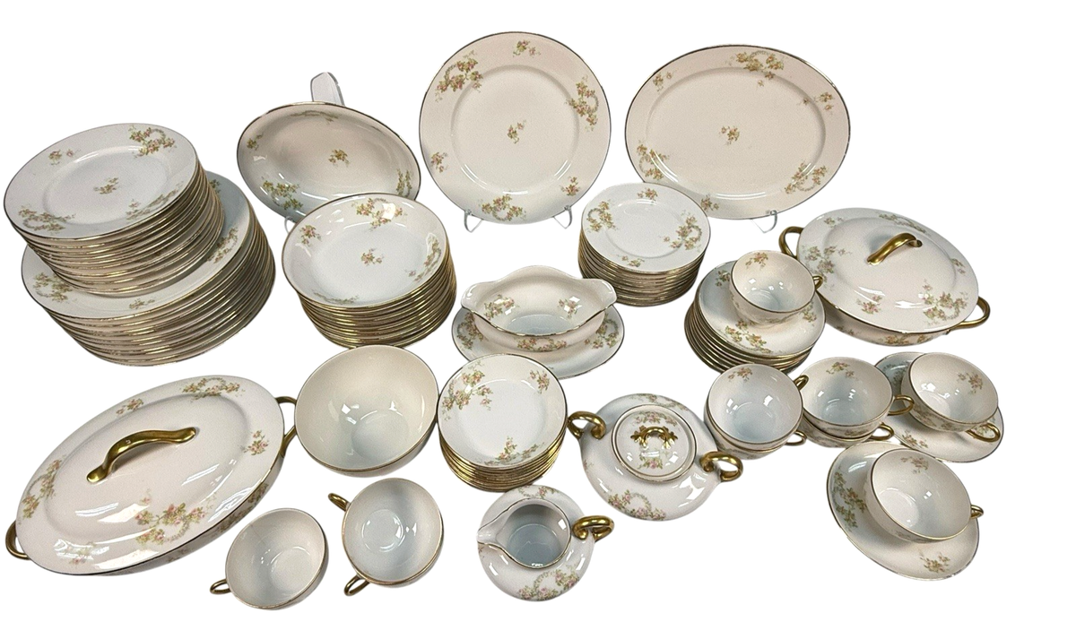 86pc Antique Limoges LIM223 Dinnerware Set - Pink Rose & Gold