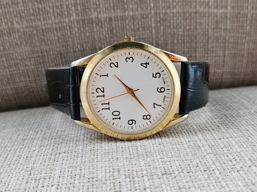 Fashion Wristwatch Gold Tone Case Black Leather Strap Analog Quartz Unisex Watch - Picture 4 of 13