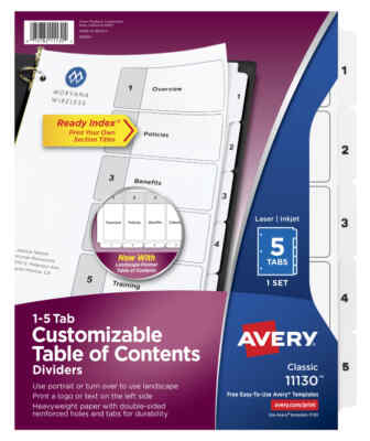 Avery Ready Index Classic Table of Contents 5-Tab Dividers, White Tabs - 1 Set