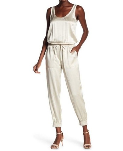 Theory Hekuba Silk Jumpsuit Drawstring Waist Vintage Satin Sandy White M $495 - Picture 6 of 6