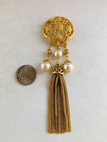 Signed BEN AMUN Gold Tone 5 1/2" Long Dangle Pearl & Tassel Pin Brooch - 第 4/8 張圖片