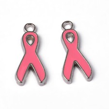 10 Breast Cancer Awareness Charms Enamel Ribbon Pendants Pink Silver 19mm Bulk