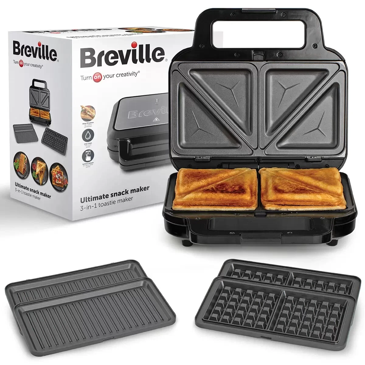 Breville 3 in 1 Sandwich Waffle and Panini Maker Snack Toastie Maker VST098