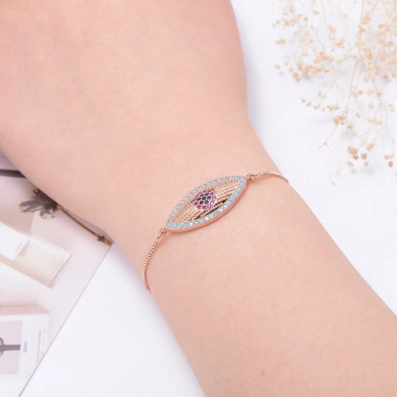 Large Evil Eye Pave Cubic Zirconia Rose Gold Thin Adjustable Bracelet - Image 3 of 4
