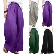 Lady Elastic Waist Cotton Linen Wide Leg Palazzo Trousers Baggy Casual Pants