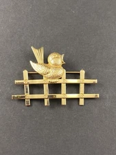 925 Sterling Silver Gold Plated Vintage Forstner Bird On The Fence Pin Brooch /r