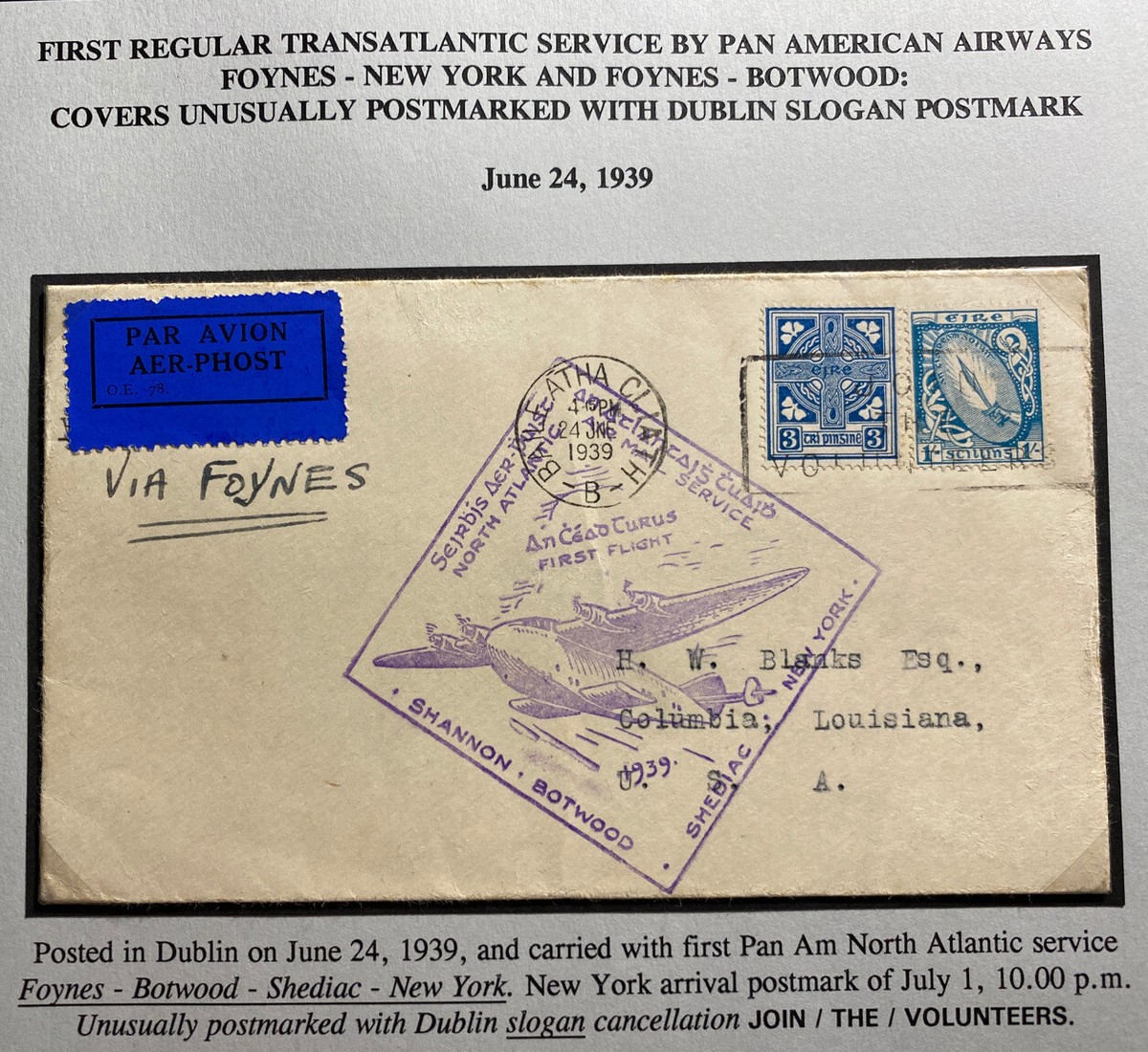 1939 Dublin Ireland First Flight Airmail Cover To New York Usa 