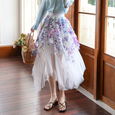 Printed Tulle Skirt Fashion Fairy Elastic Waist Midi Floral Mesh A-line  Skirt