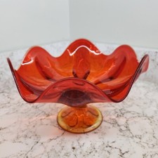 Viking Glass Epic 6 Petal Persimmon Amberina Pedestal Compote Candy Dish MCM 9"