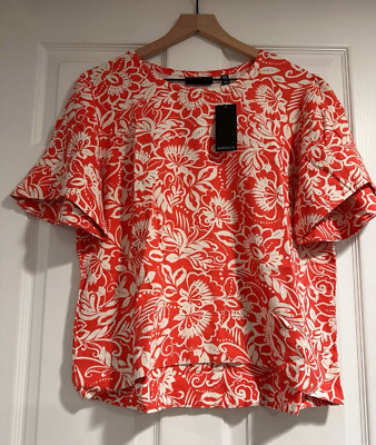 Rafaella Red White Floral Linen Blend Short Sleeve Blouse Top Size M NWT