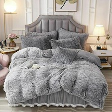 LUXURY SOFT COZY  FLUFFY PLUSH GREY FAUX LONG SHAGGY FUR BLANKET COMFORTER SET