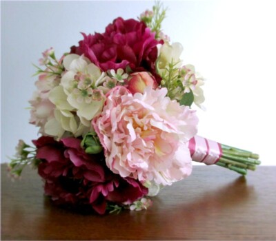 Silk Flower BRIDAL BOUQUET  Fuchsia Blush Pink Cream Peony Waxflower Hydrangea