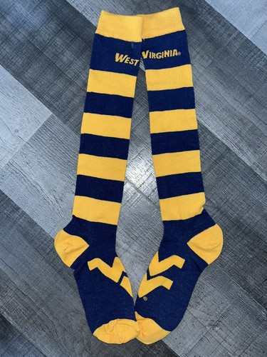 WEST VIRGINIA MOUNTAINEERS COLLEGE TEAM BLUE STRIPE ADULT LOGO KNEE HIGH SOCKS