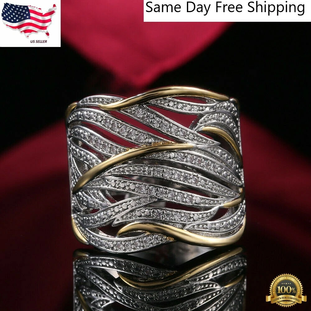 Fashion Two Tone Silver Plated Rings Women Cubic Zirconia Size 6