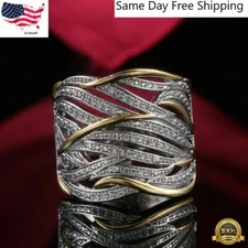 Fashion Two Tone Silver Plated Rings Women Cubic Zirconia Size 6-10 Lab-Created