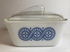Vintage Glasbake J-805 1.5 Qt Casserole Dish w Lid Blue Geometric Pattern RARE