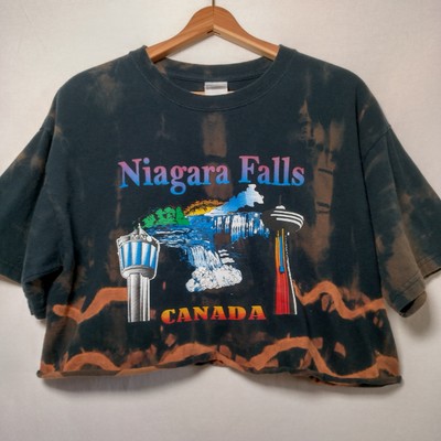 Niagra Falls Canada Crop Top Shirt L Black Rainbow Graphic Waterfall Bleach Dyed
