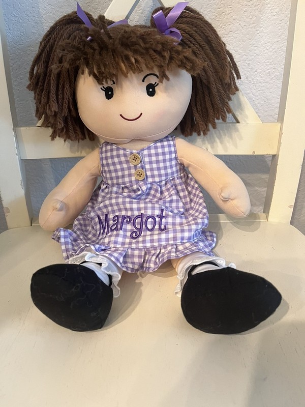 Personal Creations Margot Purple Dress Brown Hair Black Eyes Cuddle Time Doll