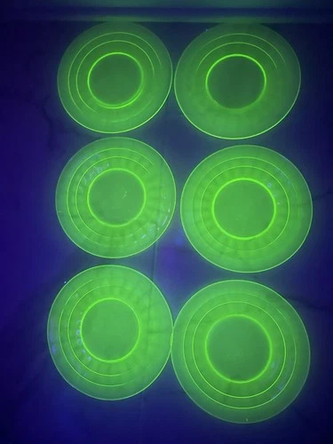 6 Set Uranium Glass Plates “Block Optic” Pattern- Produced Depression Era 1930s