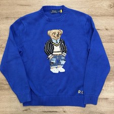Polo Ralph Lauren Bear Embroidered Blue Cotton Knit Sweater Men's Medium
