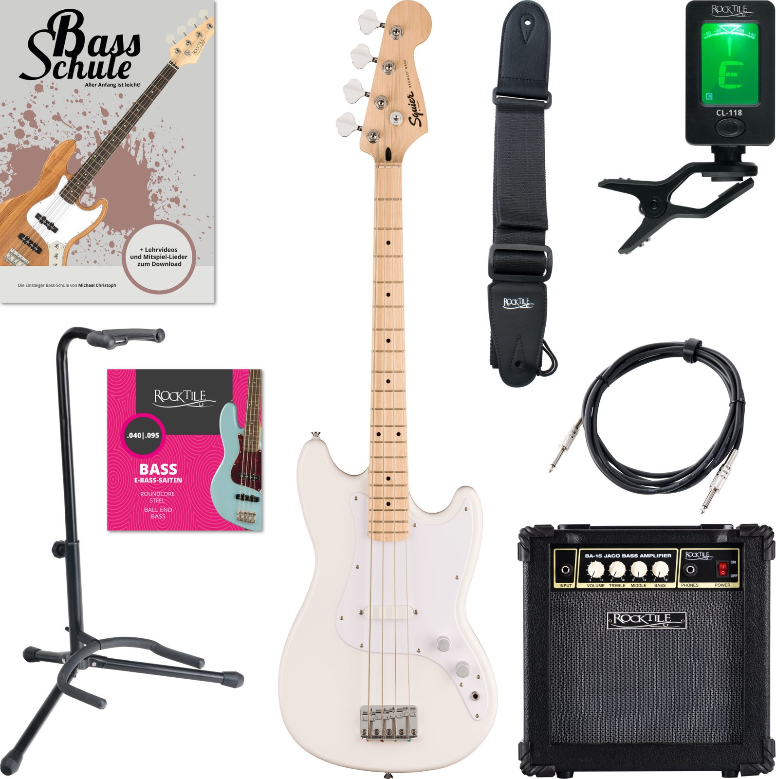 Squier by Fender Sonic Bronco E-Bass Arctic White Низкочастотный усилитель Zubehr мощностью 15 Вт 41990₽
