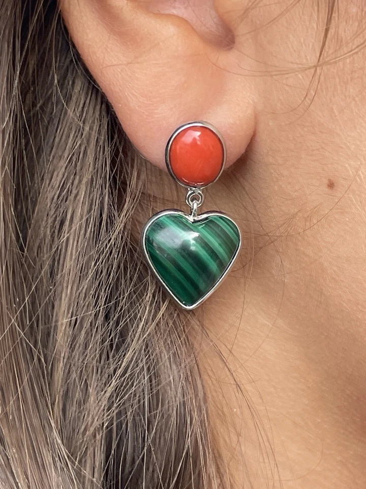 Orecchini Malachite E Corallo In Argento - Immagine 4 di 4