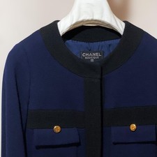 USED VINTAGE CHANEL KNIT DRESS NAVY AND BLACK WITH COCO BUTTONS ACCEPTABLE