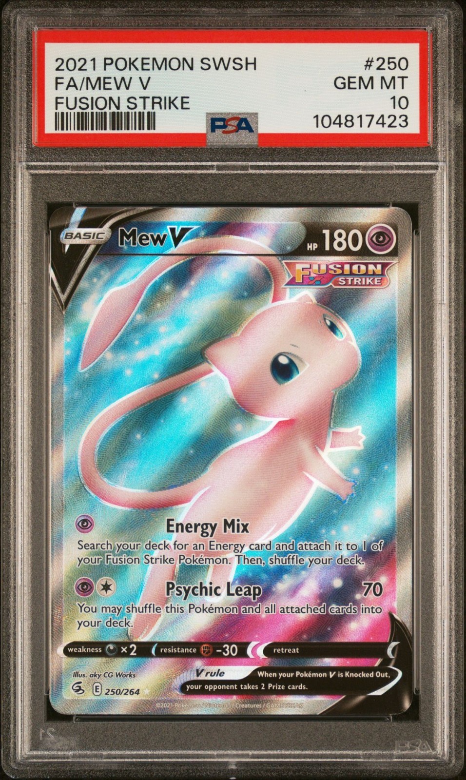 PSA Graded Gem Mint 10 Mew V (Full Art) 250/264 Swsh08: Fusion Strike Holo