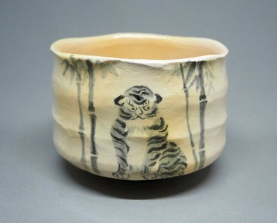 Zodiac tea bowl, Korin tiger picture, Yoshimura Rakuyu, Kyoto ware,paulownia box