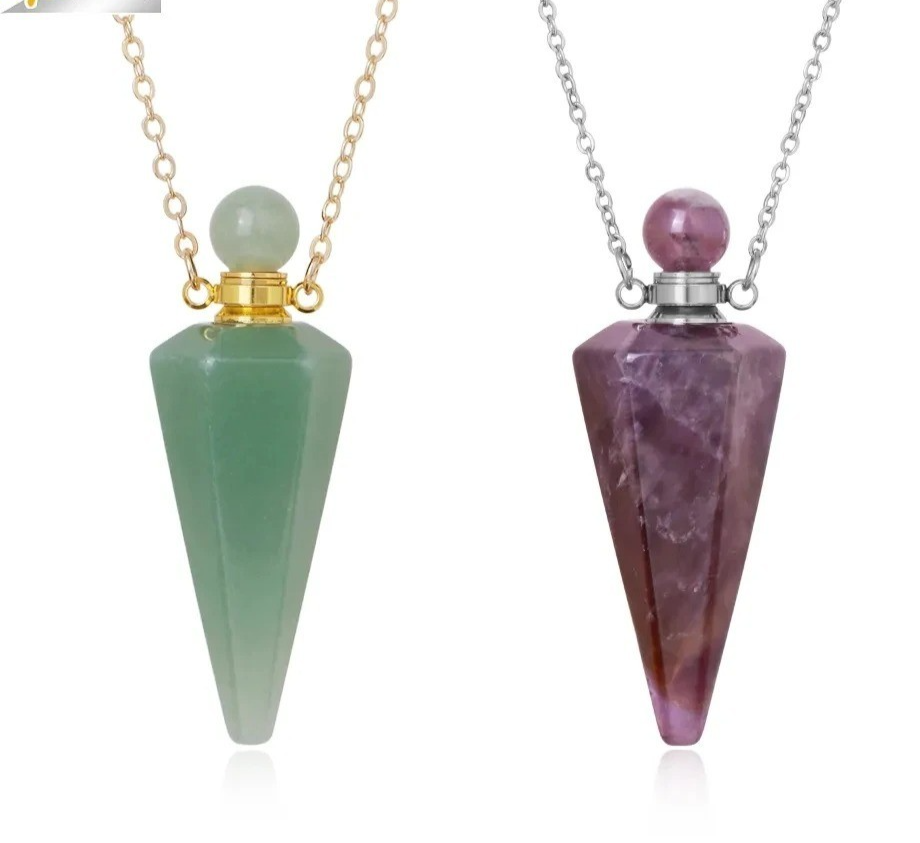 Natural Stone Perfume Bottle Necklace Quartz Crystal Pendant Oil Diffuser Gift