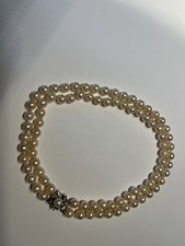 Vintage Double Strand Cultured Pearl Necklace 14K WG Diamond Clasp